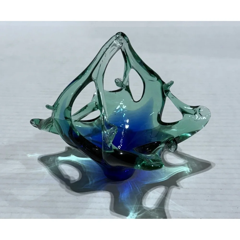 Vintage Murano Style MCM Blue‎ Green Art Glass Basket - Size 4.5 x 4.5 x 4